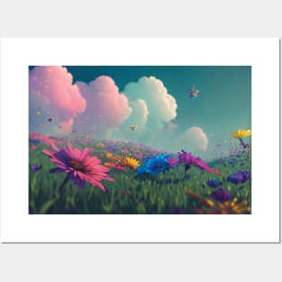 Landscape with flowers and clouds Posters and Art